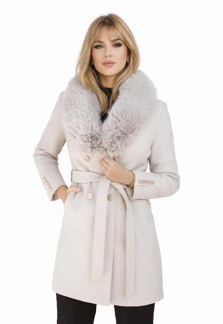 Palton dama din lana - croi cambrat - cu guler detasabil din blana ecologica Crem - Crem