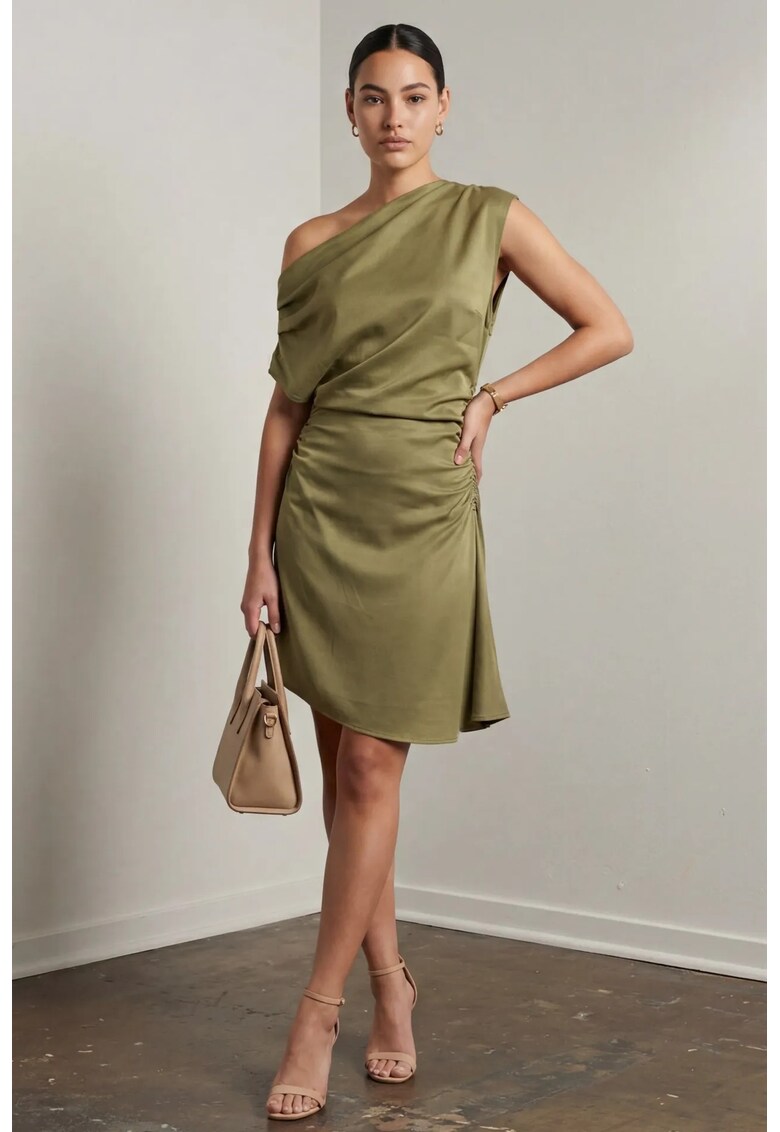 Rochie Mini - Guler Asimetric - Detalii Drapate - Verde - Tencel si Poliester