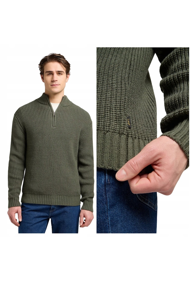 Pulover Barbati - Half Zip Knit - Regular Fit - Cu Fermoar - Maneci Lungi - Fara Buzunare - Bumbac - Verde - Verde