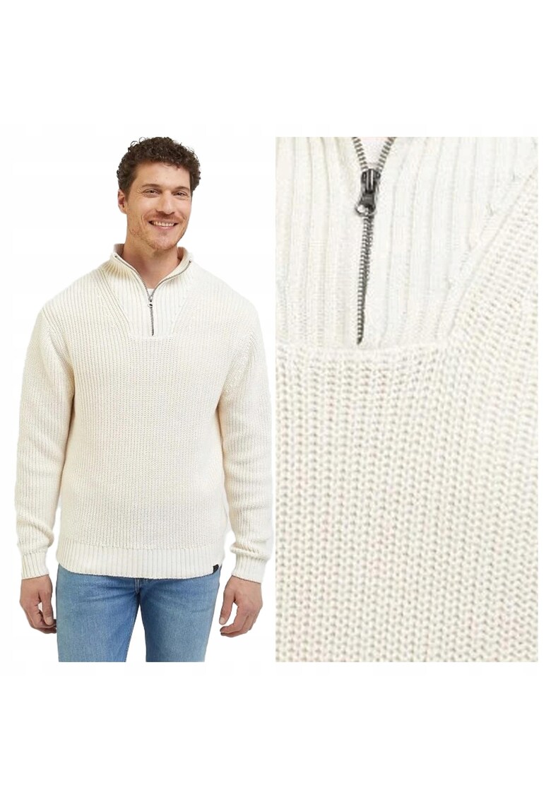 Pulover Barbati - Half Zip Knit - Regular Fit - Cu Fermoar - Guler Inalt - Maneci Lungi - Fara Buzunare - Bumbac - L INTL - Alb