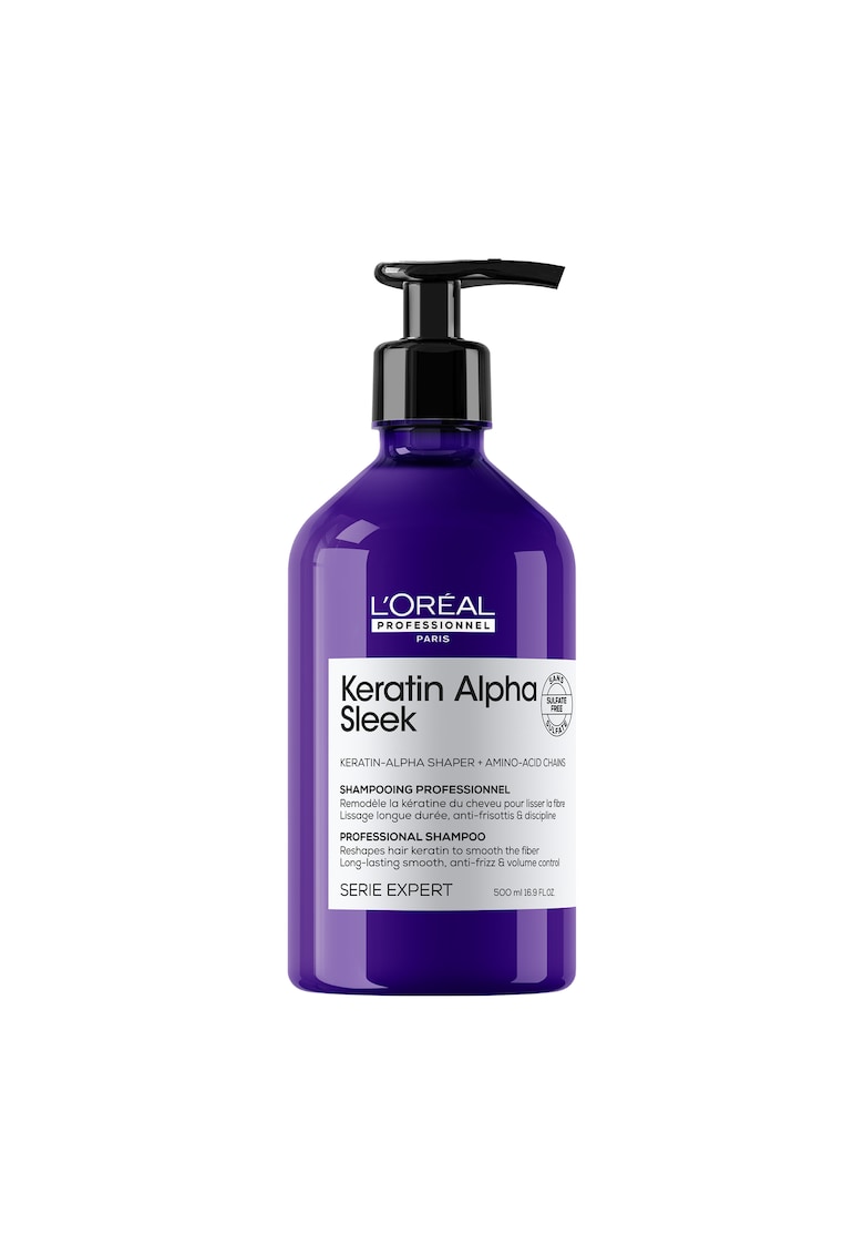 Sampon profesional pentru par matasos L’Oreal Professionnel Serie Expert Keratin Alpha Sleek - pentru netezime & efect anti-electrizare - control asupra volumului - par stralucitor - cu Keratin-Alpha Shaper & lanturi de aminoacizi - fara sulfati - 500 ml
