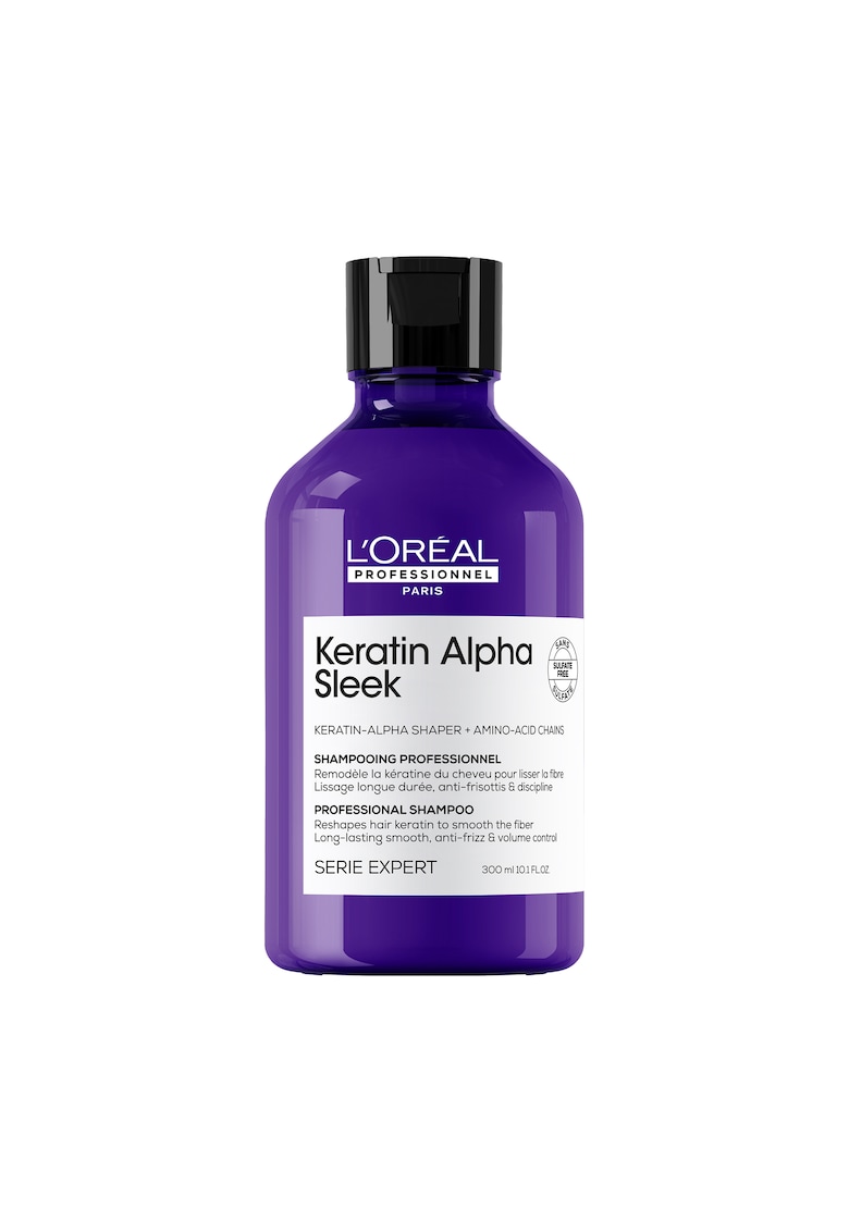 Sampon profesional pentru par matasos L’Oreal Professionnel Serie Expert Keratin Alpha Sleek - pentru netezime & efect anti-electrizare - control asupra volumului - par stralucitor - cu Keratin-Alpha Shaper & lanturi de aminoacizi - fara sulfati - 300 ml
