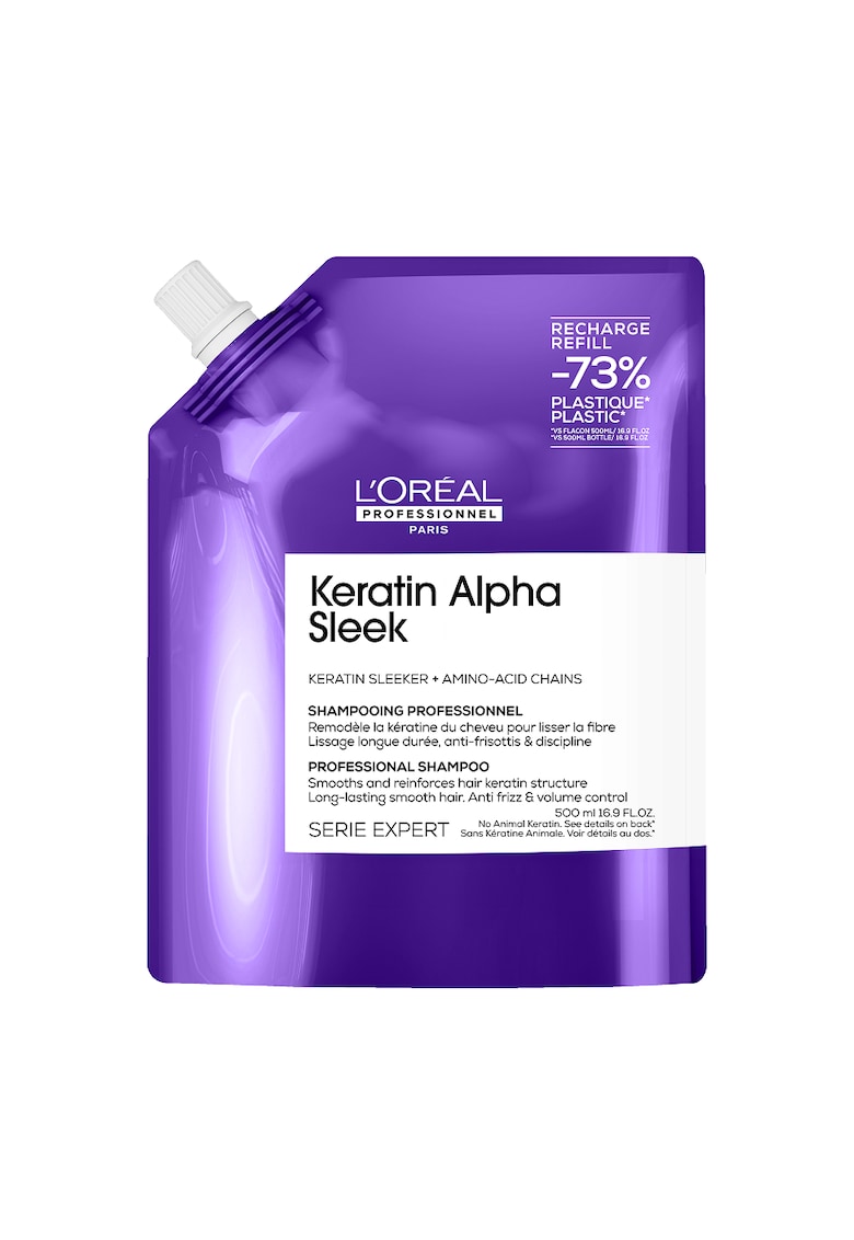 Rezerva sampon profesional pentru par matasos L’Oreal Professionnel Serie Expert Keratin Alpha Sleek - pentru netezime & efect anti-electrizare - control asupra volumului - par stralucitor - cu Keratin-Alpha Shaper & lanturi de aminoacizi - fara sulfati