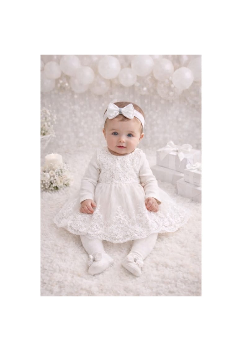 Set botez fetita 5 piese alb rochie dantela tul body bentita pantofiori si dres