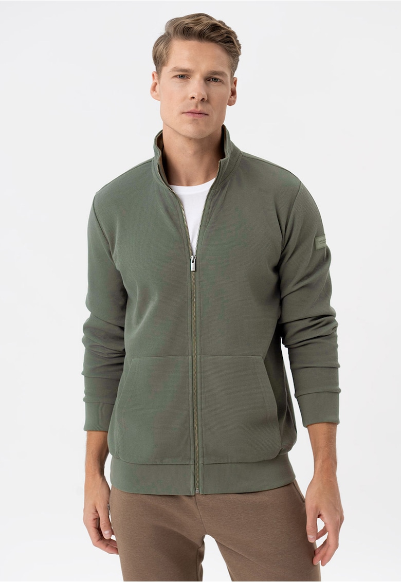 Bluza de trening cu fermoar cu guler inalt - cu buzunare frontale - mansete - Regular Fit - B-Gulf - Kaki