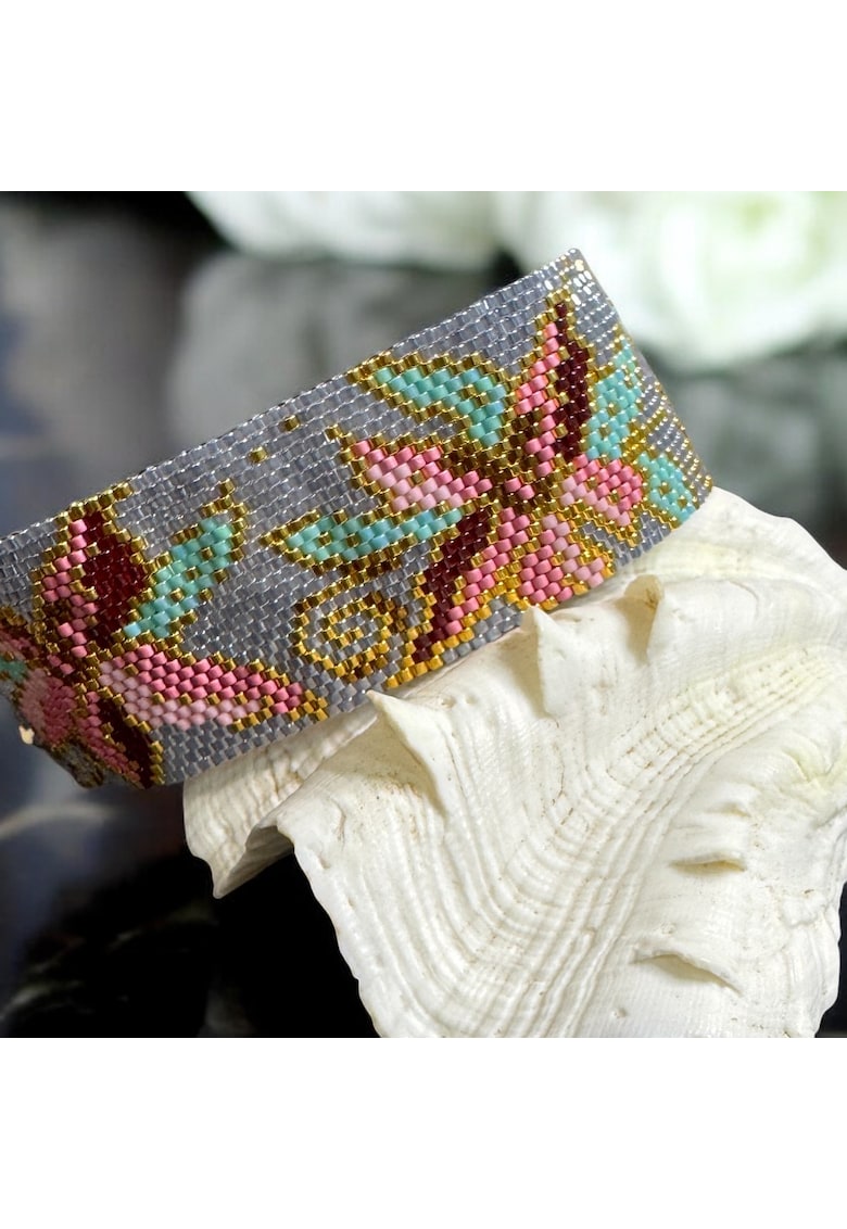 Bratara larga femei - margele japoneze Miyuki - model floral - gri metalizat - pastel