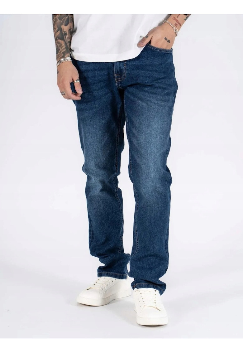 Blugi Barbati - Sebb - Straight Fit - Talie Medie - 5 Buzunare - Fermoar - Lungi - Bumbac - Albastru - Albastru