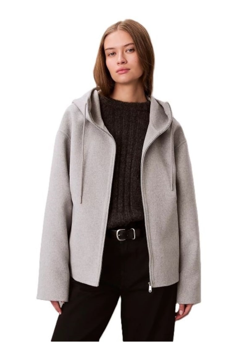 Jacheta dama DBL FACE WOOL JACKET W/ HOOD - Poliester - Gri - Gri