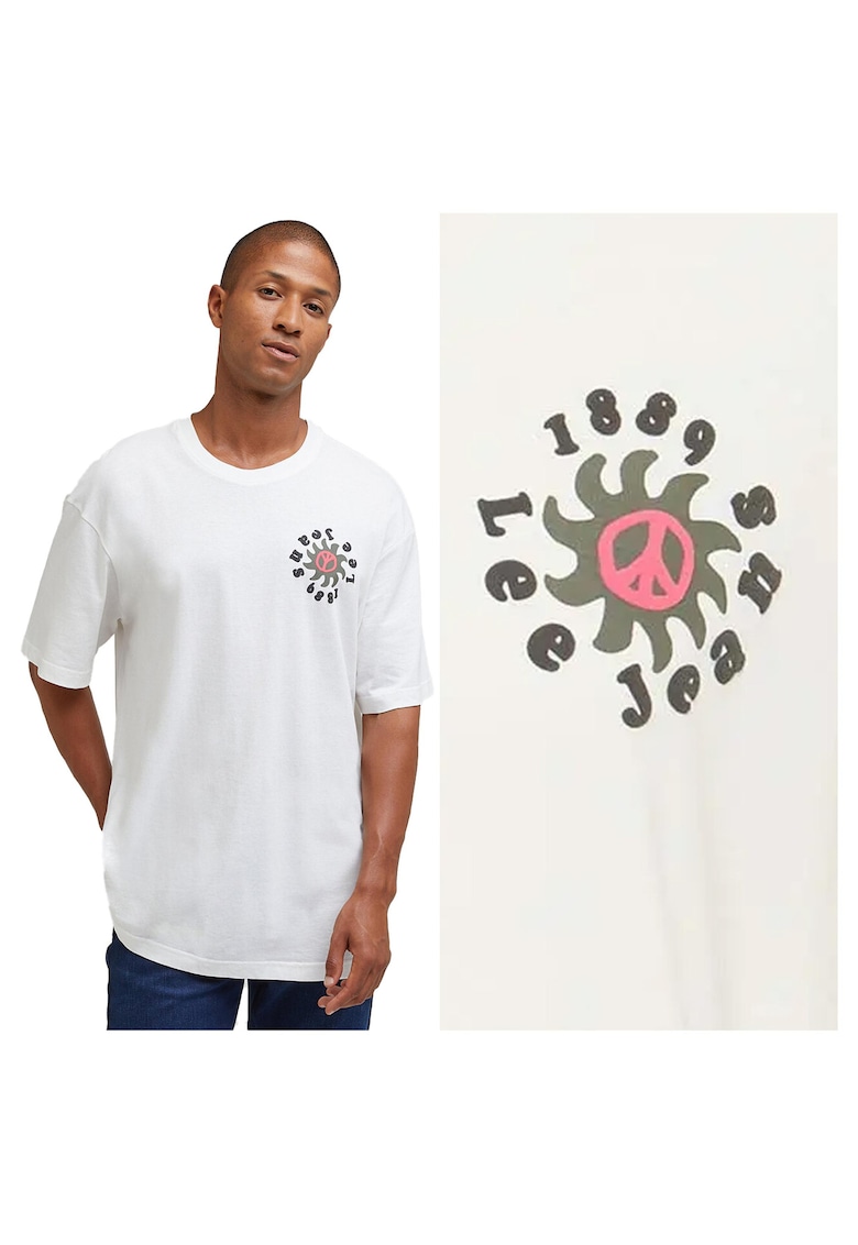 Tricou Barbati - Loose Tee - Regular Fit - Maneca Scurta - Decolteu Rotund - Cu Logo - Bumbac - Design Clasic - Alb - Ecru