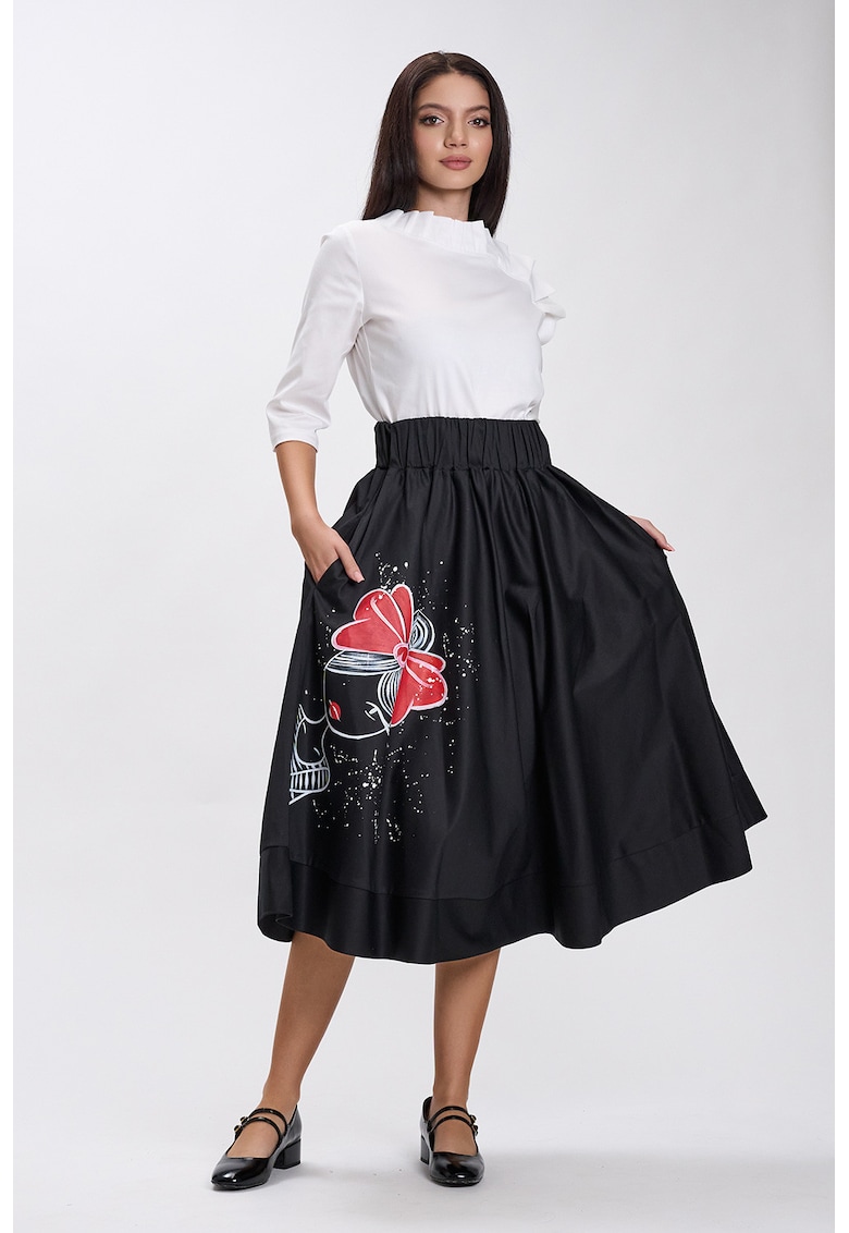 Fusta neagra midi pictata manual Zina