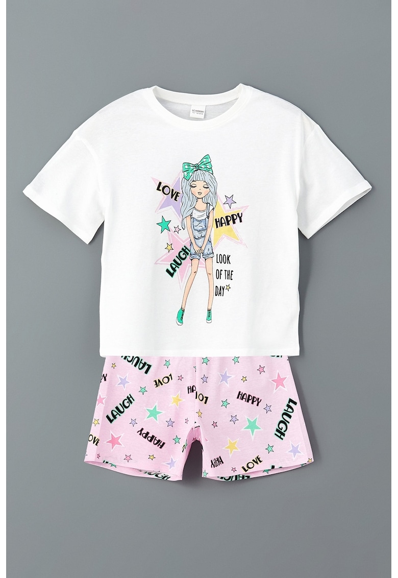 Pijama cu model grafic si pantaloni scurti - Alb/Verde/Roz