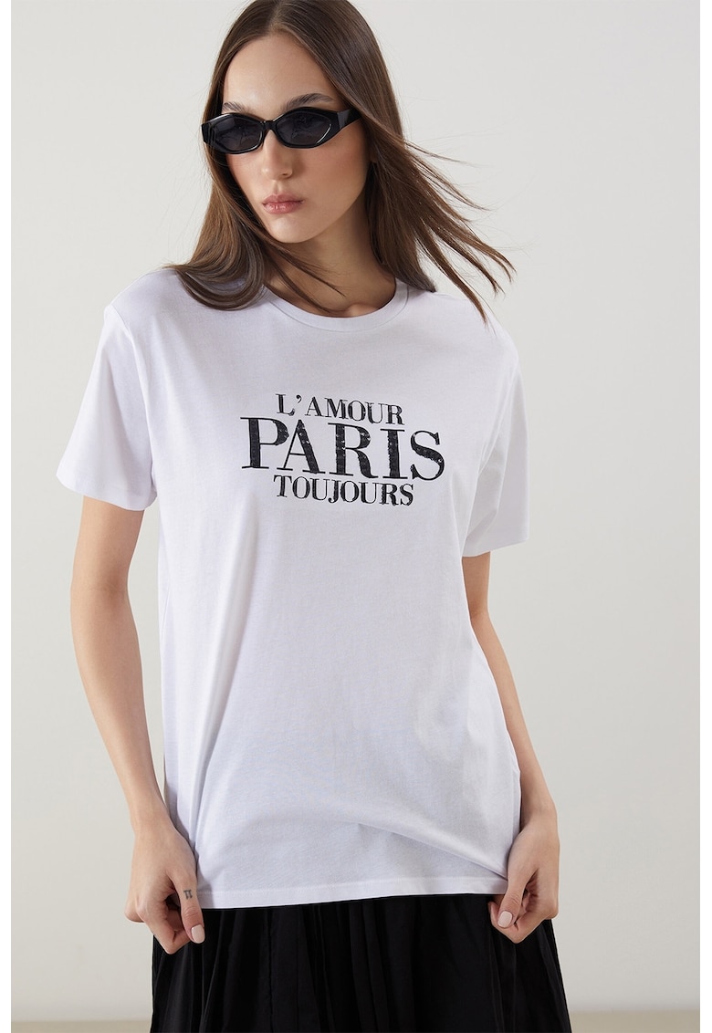 Tricou de bumbac cu decolteu rotund - Alb/Negru