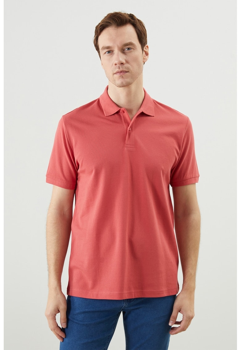 Tricou polo din bumbac pique regular fit - Roz somon