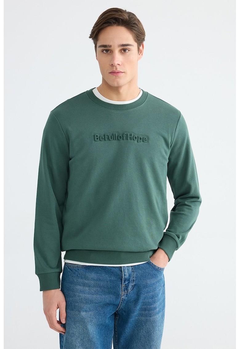 Bluza de trening din amestec de bumbac cu text in relief - Verde aquamarin