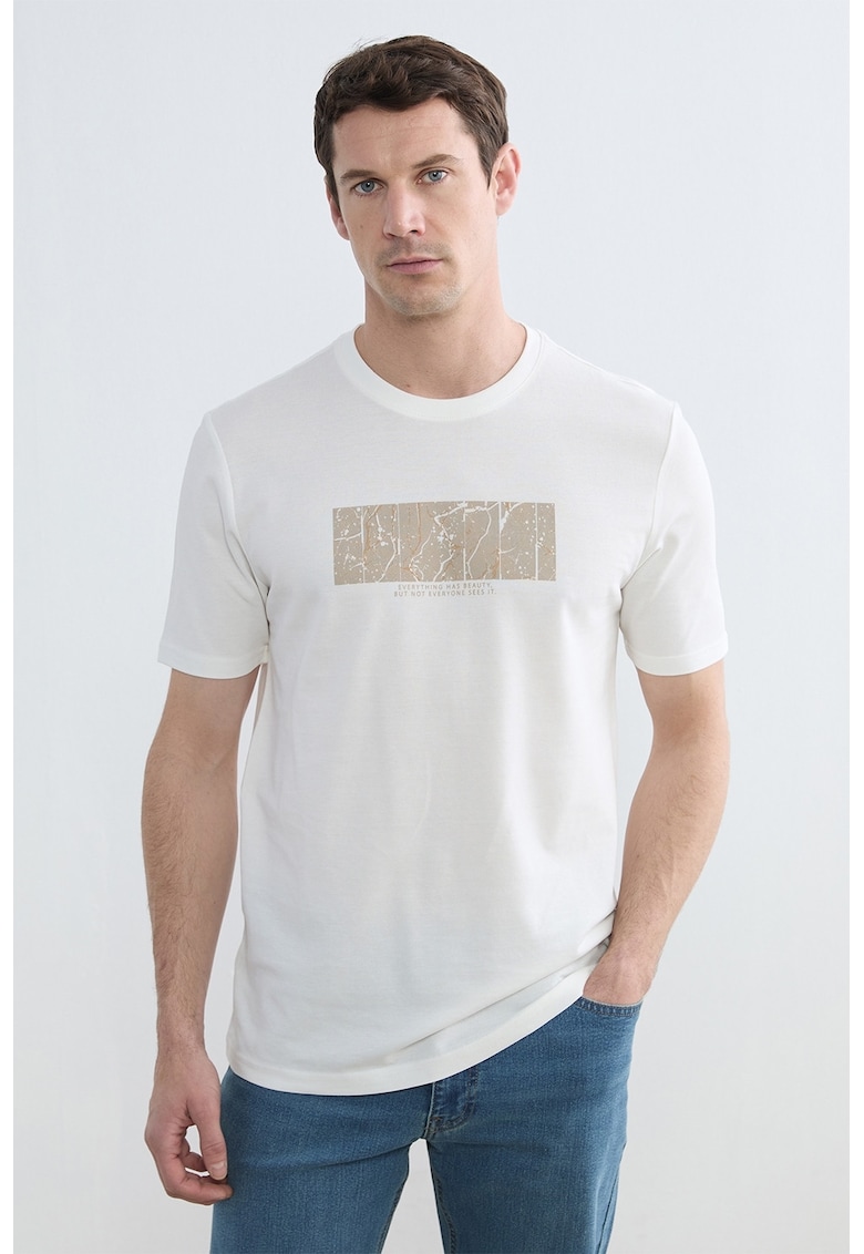 Tricou de bumbac cu imprimeu grafic - Alb/Maro taupe
