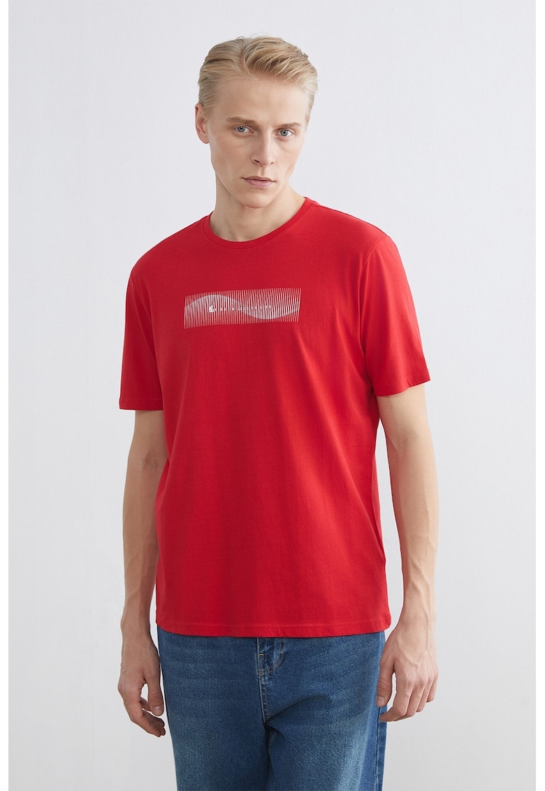 Tricou din bumbac cu decolteu la baza gatului si imprimeu grafic - Rosu vermillion