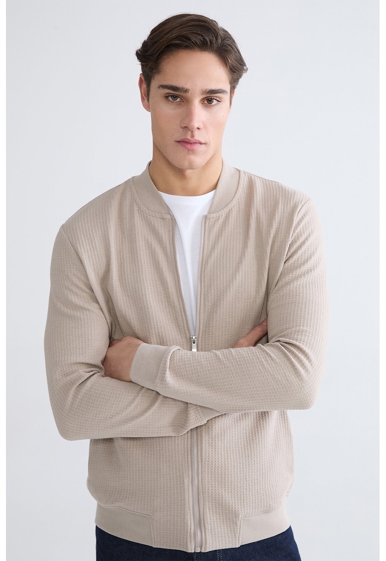 Bluza texturata de trening cu fermoar - Bej deschis