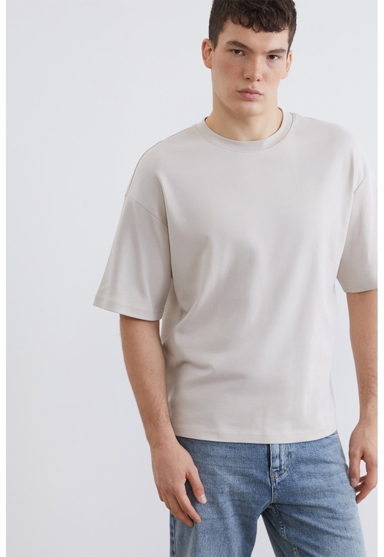 Tricou de bumbac cu decolteu la baza gatului - Gri deschis
