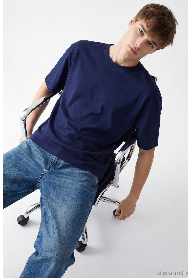 Tricou de bumbac cu decolteu la baza gatului - Bleumarin