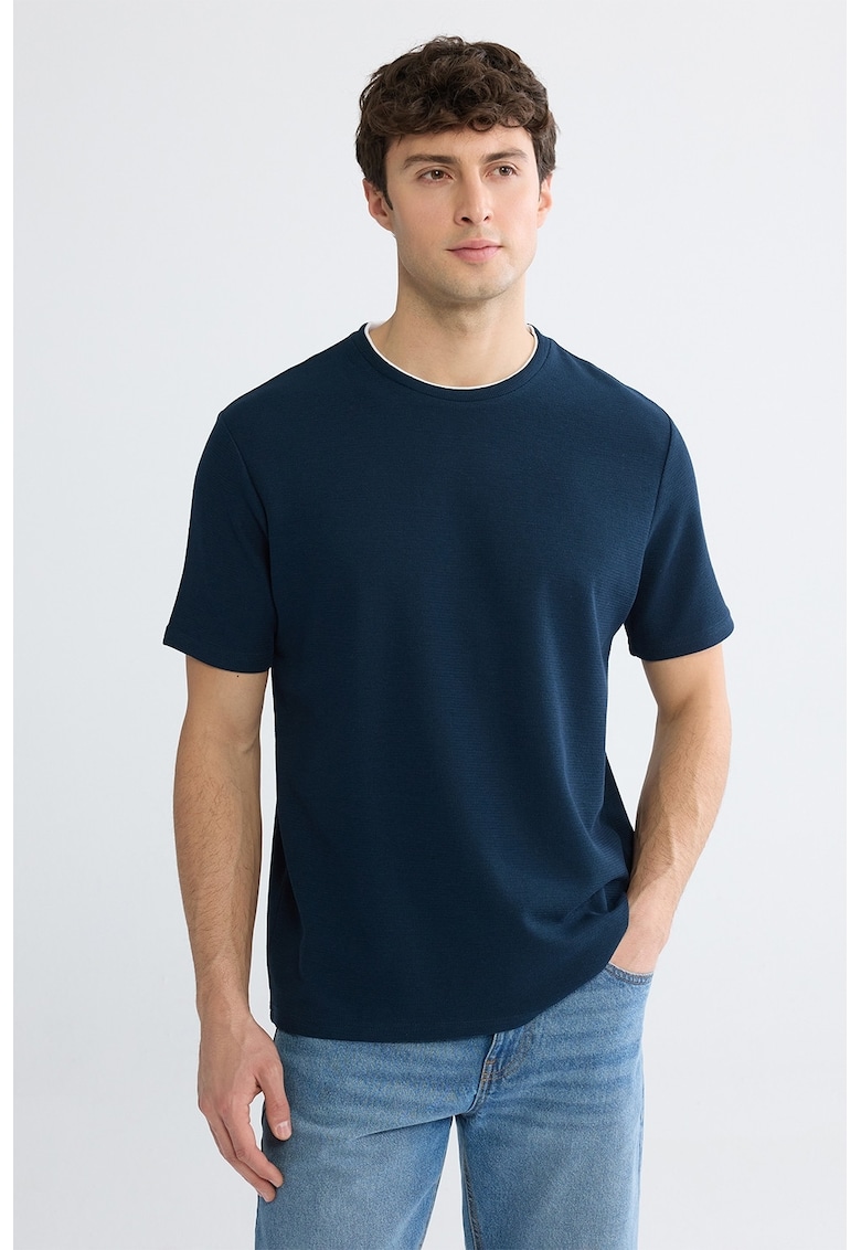 Tricou din amestec de bumbac cu decolteu la baza gatului - Albastru ultramarin