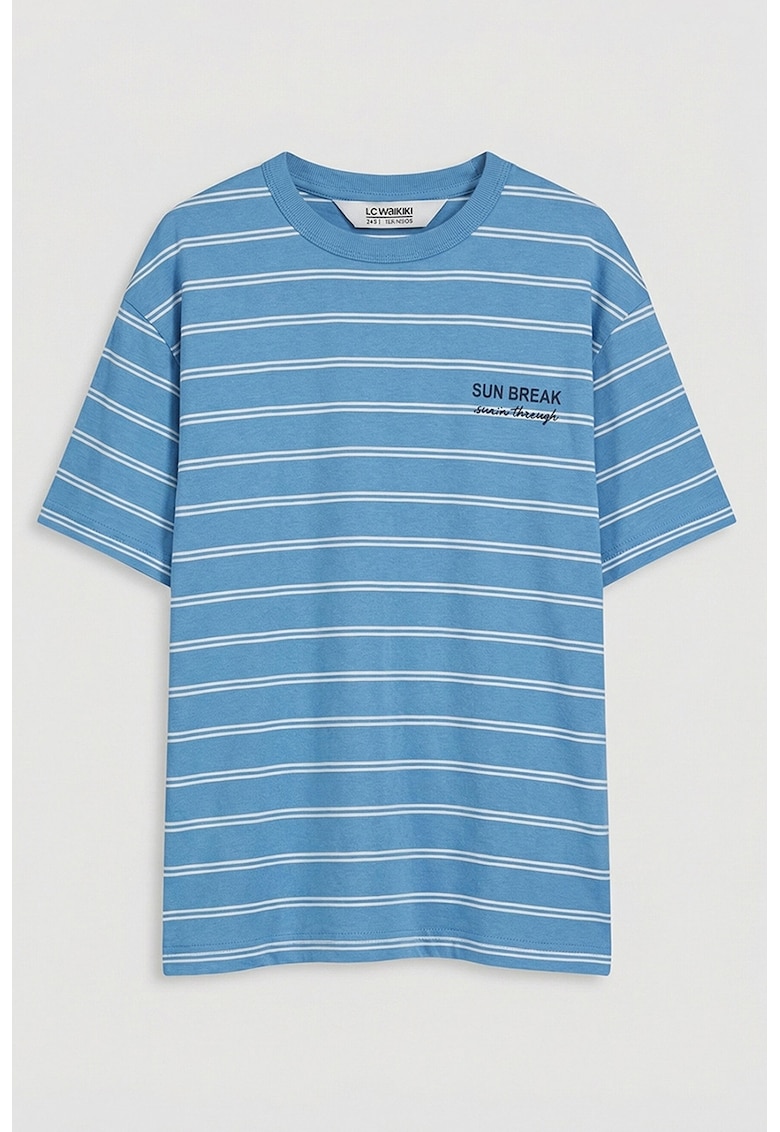Tricou de bumbac cu dungi - Alb/Albastru prafuit