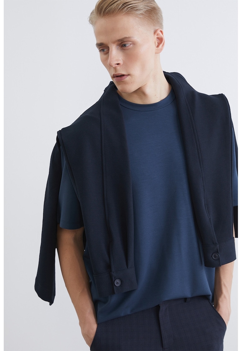 Tricou uni cu maneci cazute - Albastru inchis