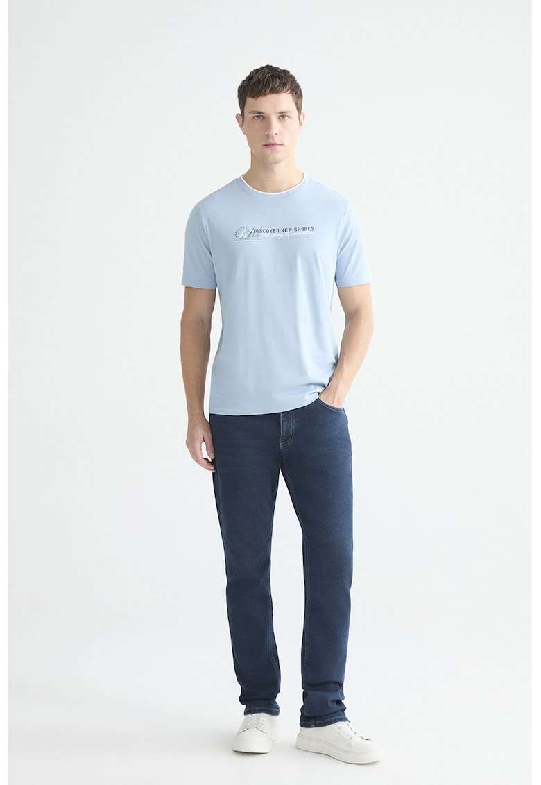 Tricou din bumbac cu decolteu la baza gatului - Alb/Albastru deschis