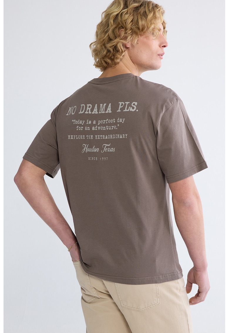 Tricou de bumbac cu imprimeu text - Maro taupe