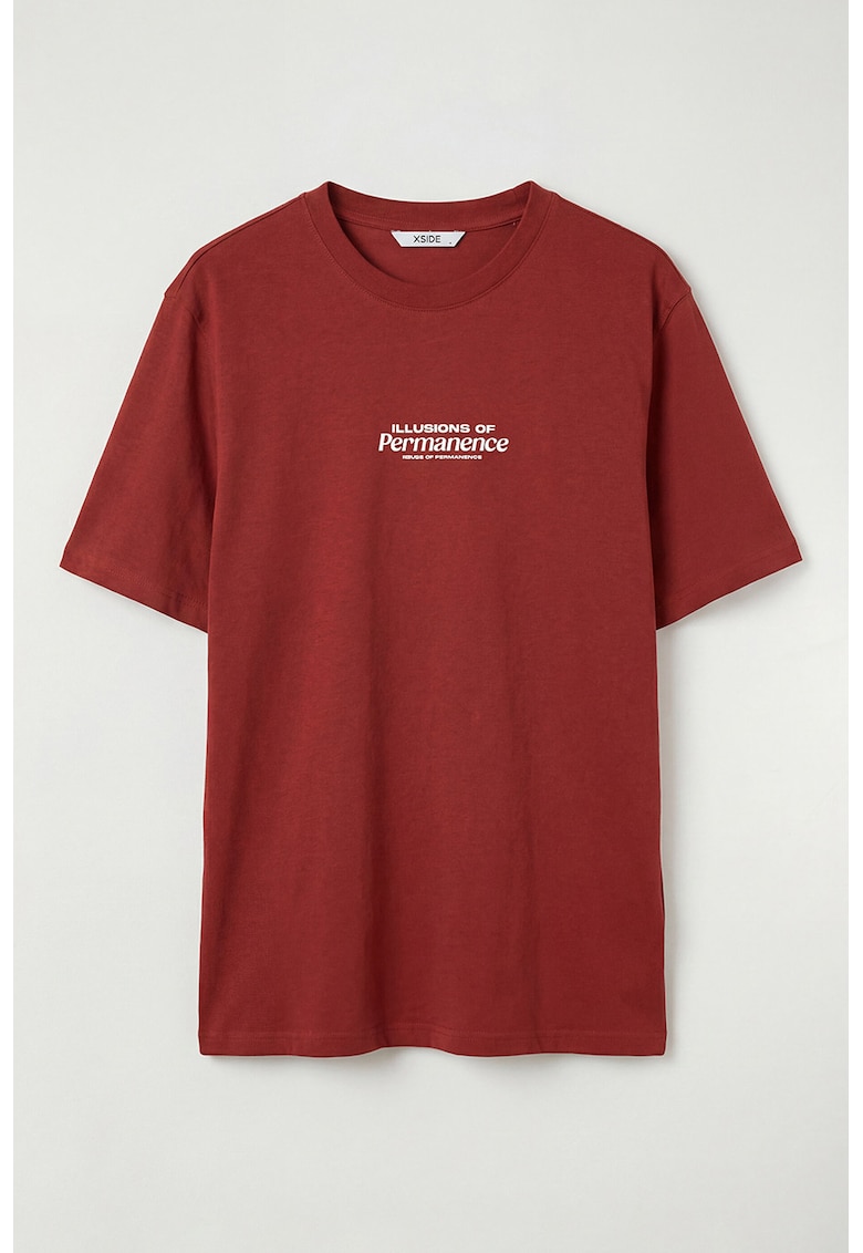 Tricou cu decolteu la baza gatului si imprimeu text - Alb/Rosu inchis