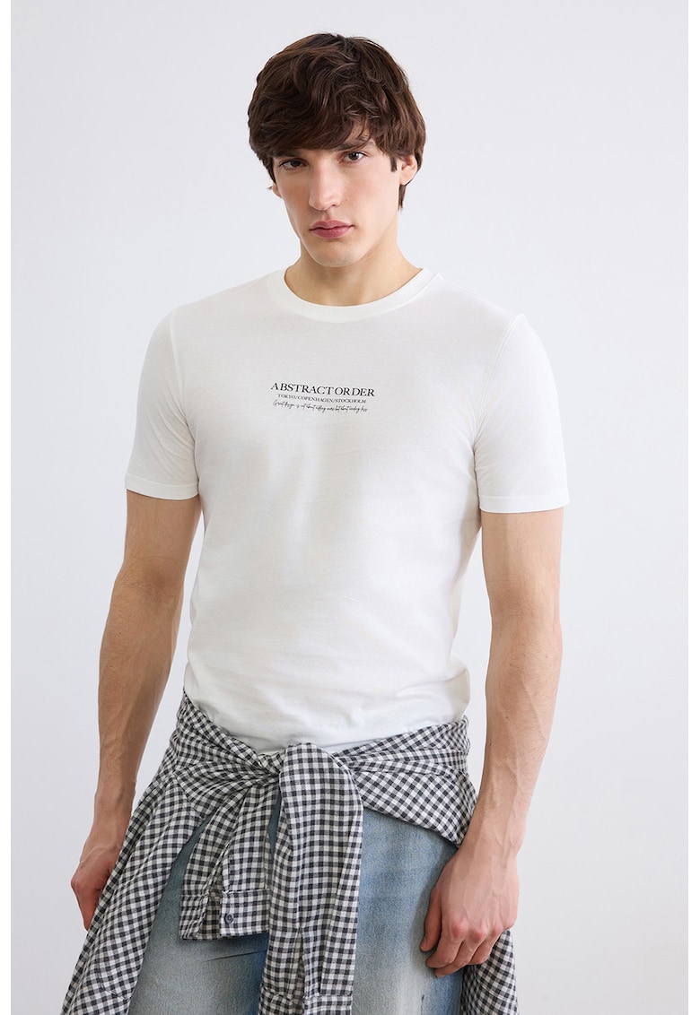 Tricou slim fit cu imprimeu text - Alb/Negru