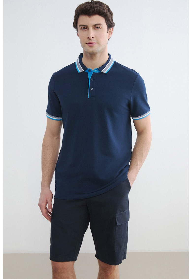 Tricou polo de bumbac - Alb murdar/Albastru deschis/Bleumarin