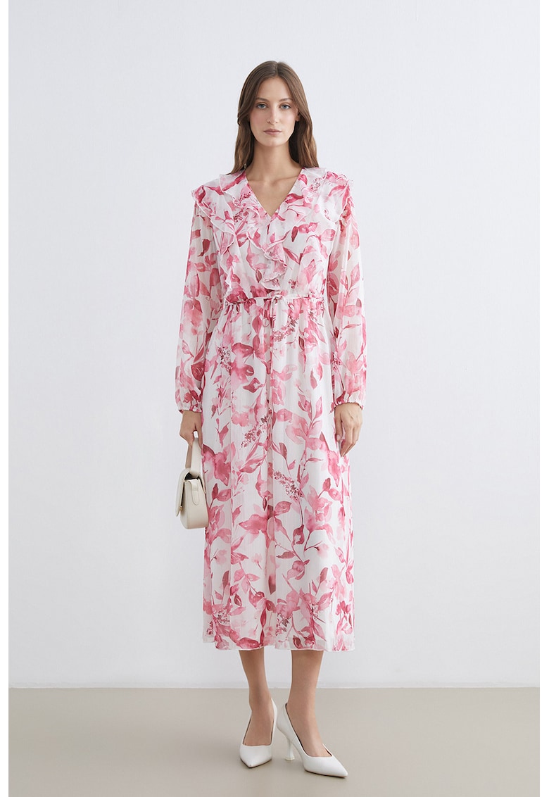 Rochie midi cu model floral si decolteu in V - Alb/Roz