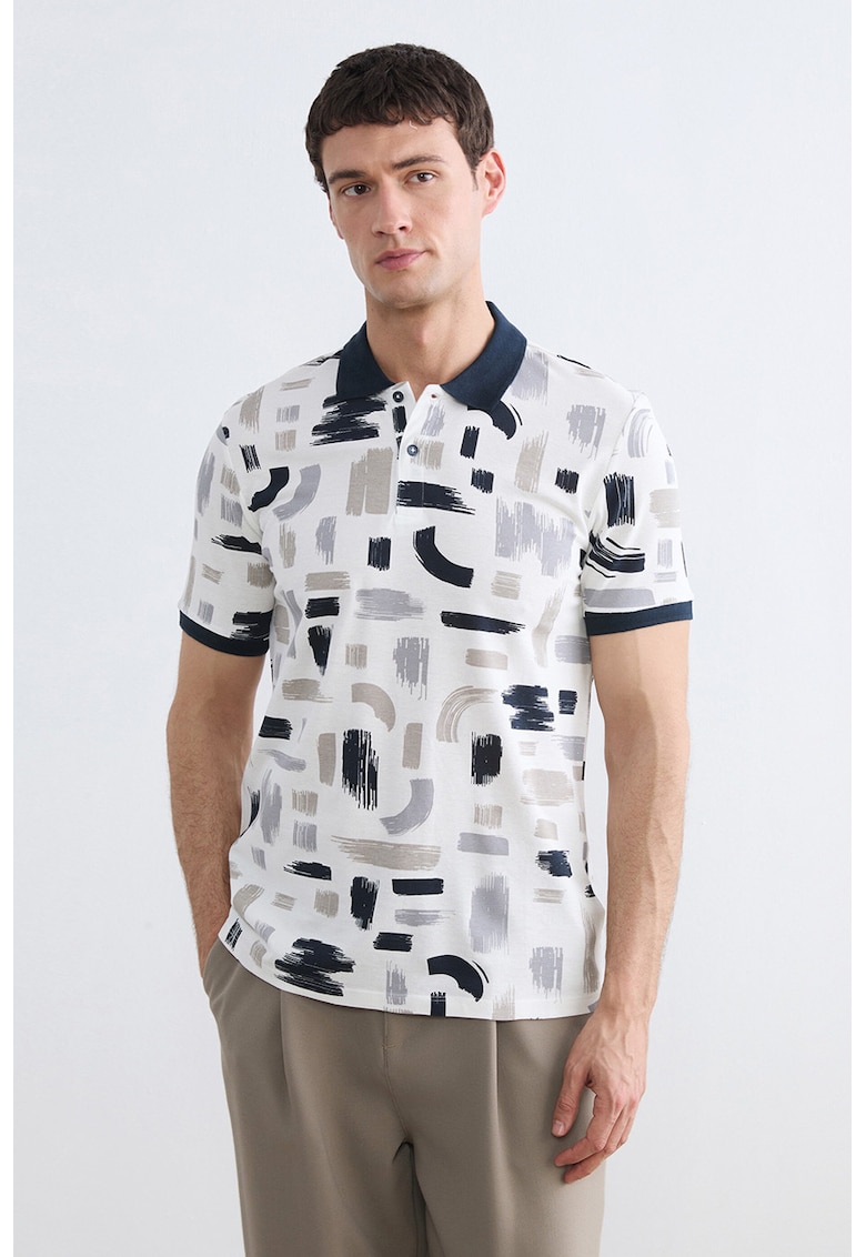 Tricou polo din bumbac cu model - Alb/Albastru ultramarin/Maro taupe deschis
