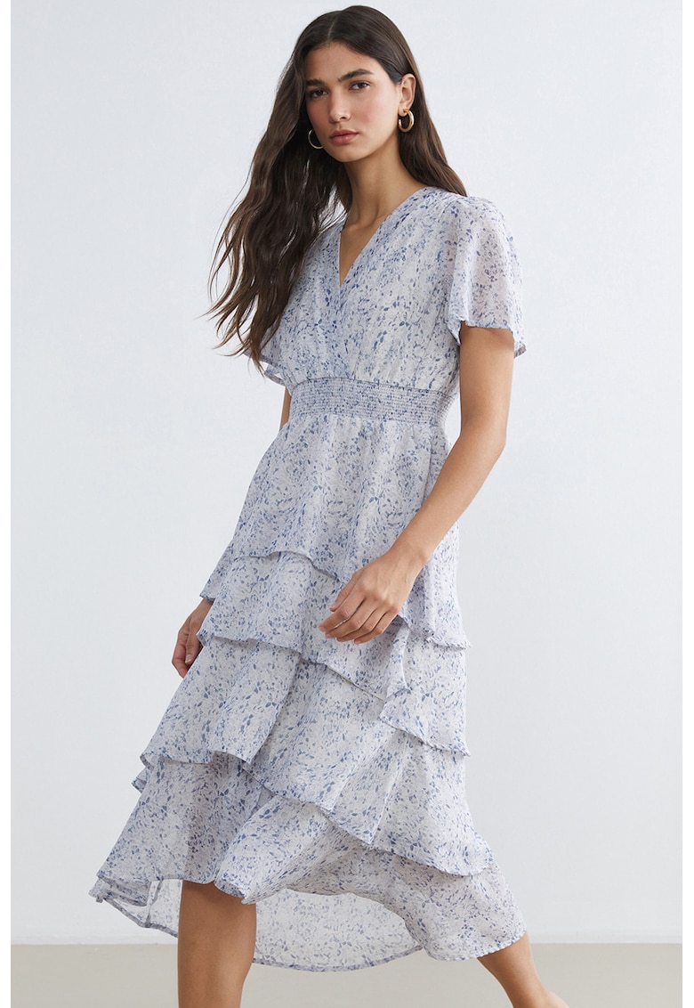 Rochie stratificata cu model si decolteu in V - Alb/Albastru