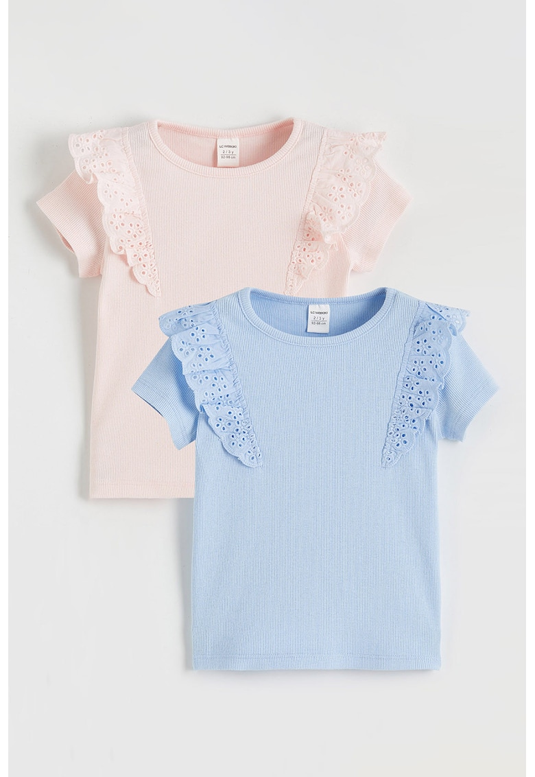 Set de bluze din amestec de bumbac cu garnituri de dantela - 2 piese - Albastru lavanda/Roz pal