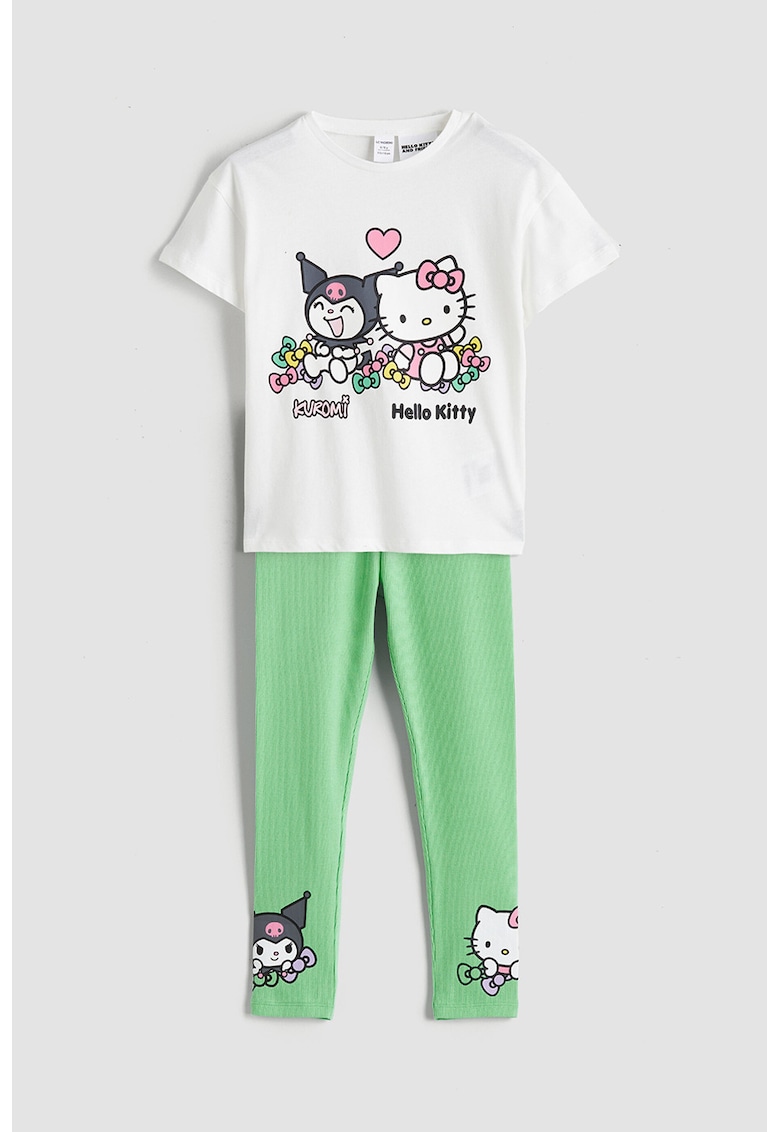 Set de tricou cu imprimeu si colanti - 2 piese - Alb/Verde deschis/Gri antracit