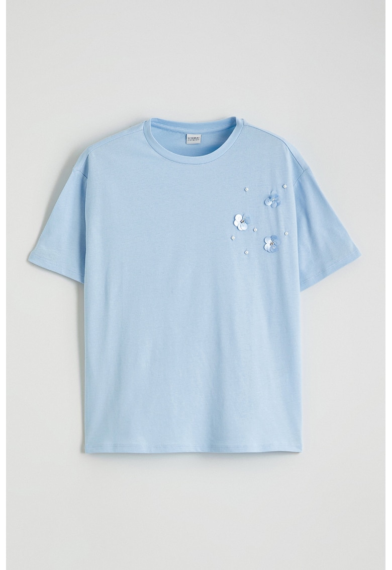 Tricou de bumbac cu aplicatii florale - Albastru lavanda