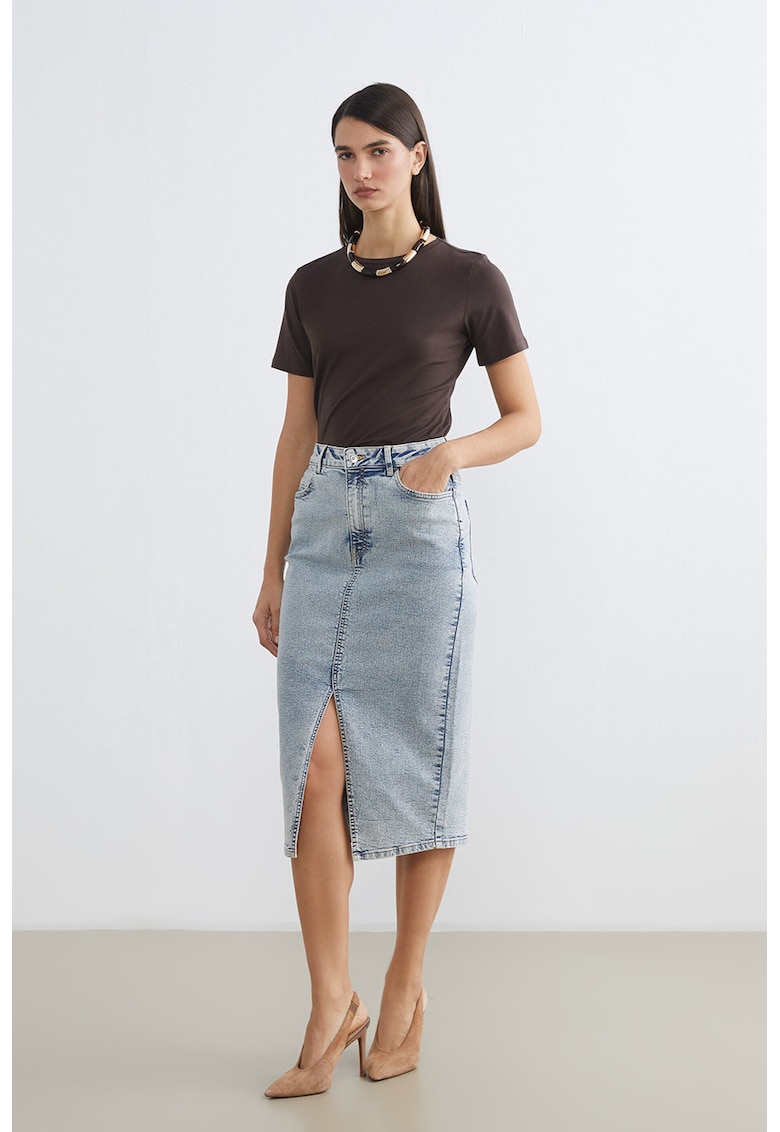 Fusta midi din denim cu slit frontal - Albastru melange