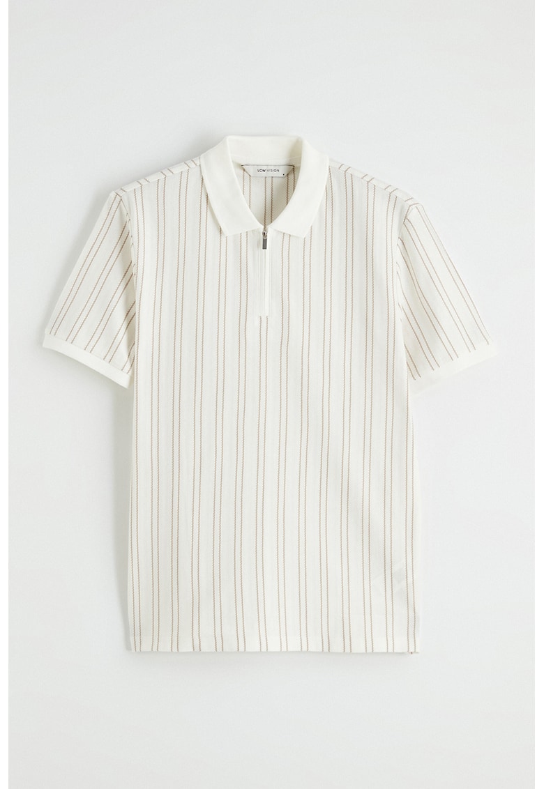 Tricou polo cu croiala slim-fit si dungi - Maro nisip/Alb murdar