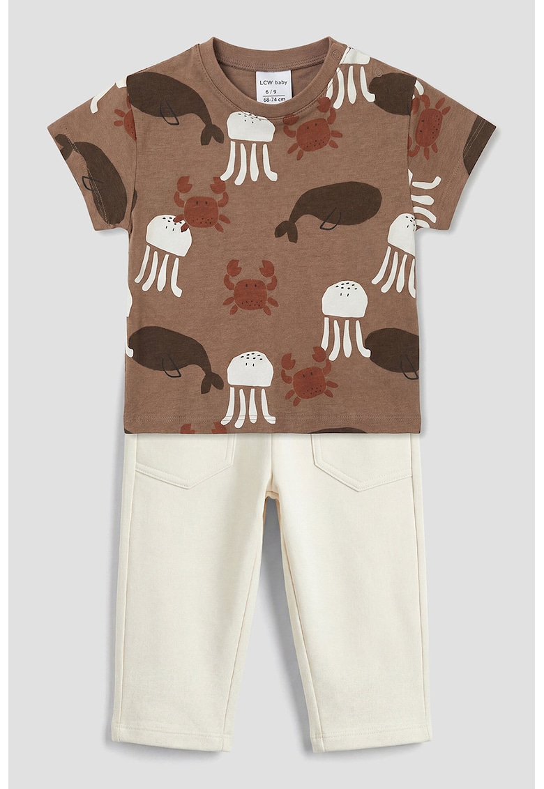 Set de pantaloni si tricou cu imprimeu - Alb fildes/Maro