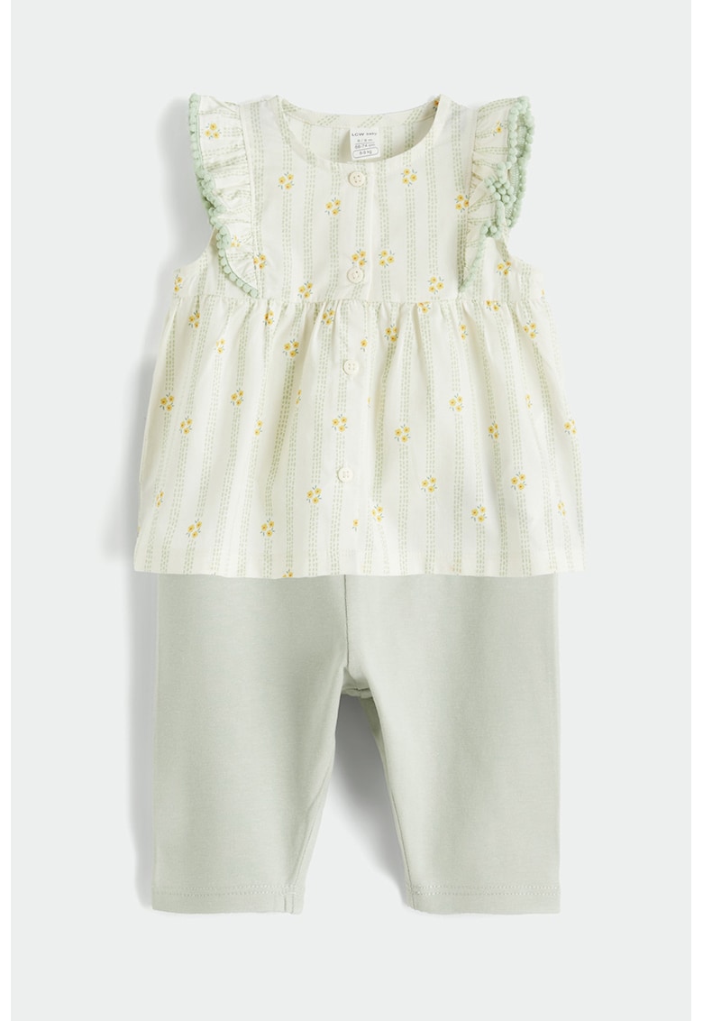 Set de top cu model floral si colanti - 2 piese - Gri cenusiu/Bej deschis