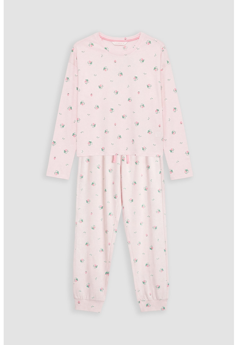Pijama cu pantaloni lungi si model floral - Roz pastel