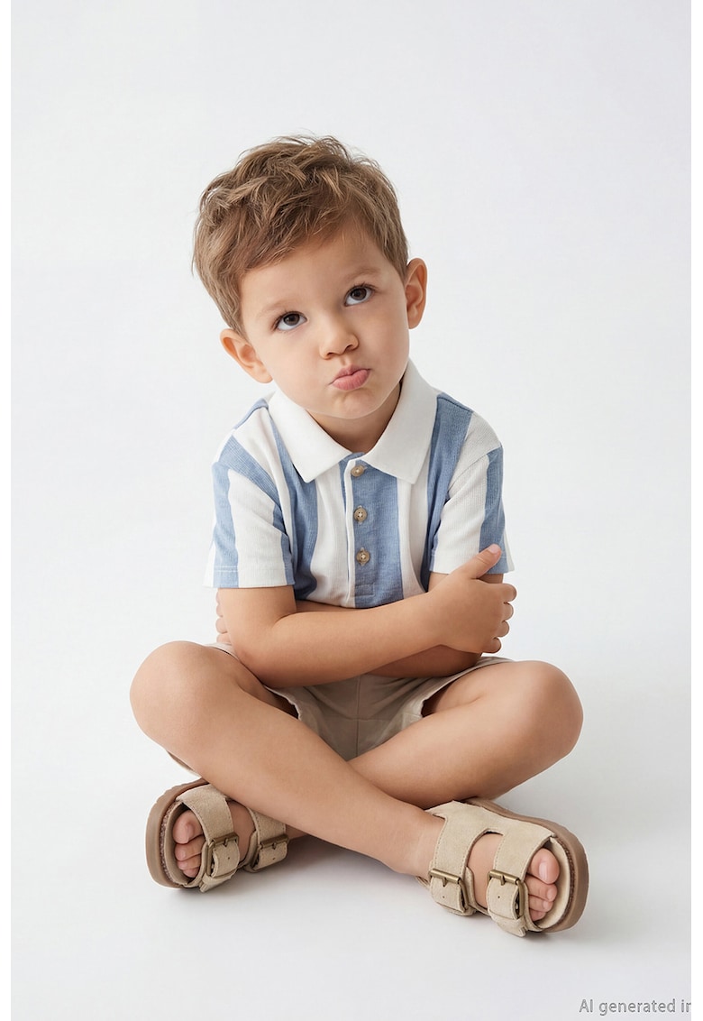 Set de tricou polo de bumbac si pantaloni scurti - Alb/Albastru prafuit/Bej deschis