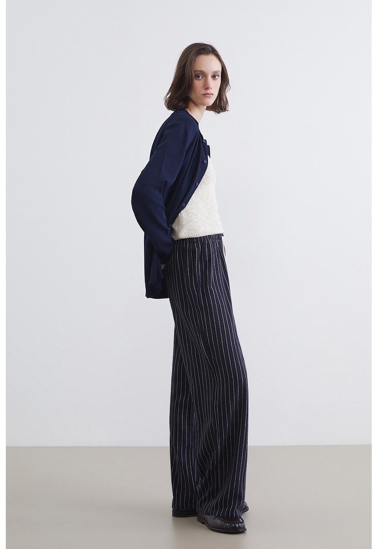 Pantaloni din amestec de in cu snur - Albastru ultramarin/Argintiu