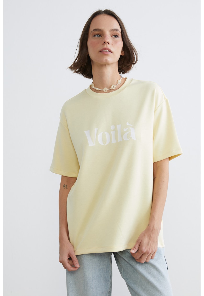 Tricou cu imprimeu text - Alb/Galben pastel