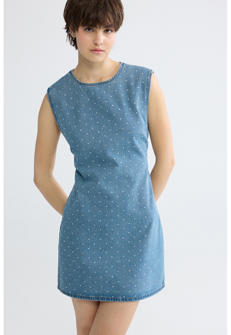 Rochie din denim - fara maneci - cu strasuri - Albastru