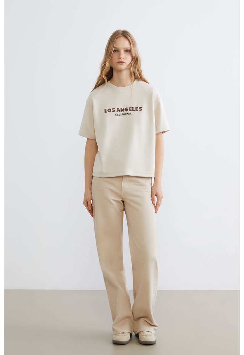 Tricou lejer cu imprimeu text - Visiniu inchis/Bej deschis