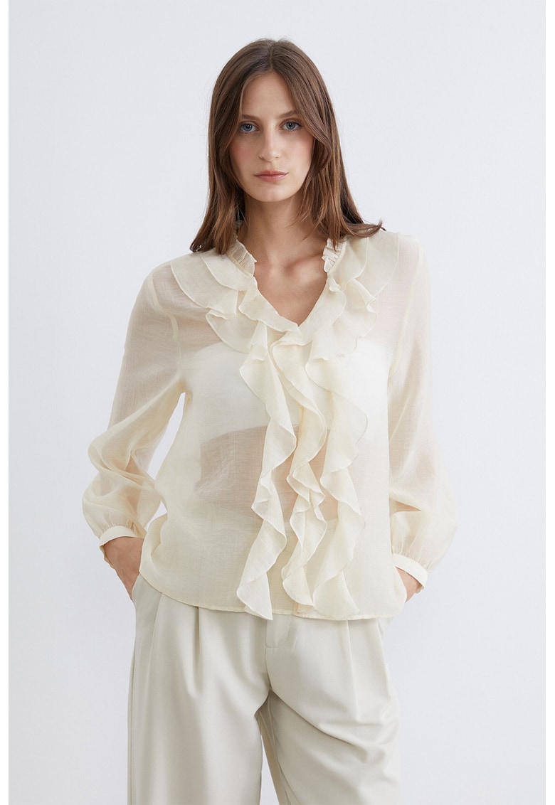 Bluza din amestec de lyocell cu decolteu in V - Alb fildes