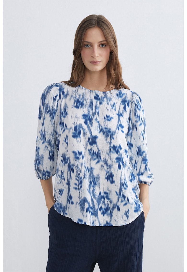 Bluza cu imprimeu si maneci 3/4 - Alb/Albastru inchis