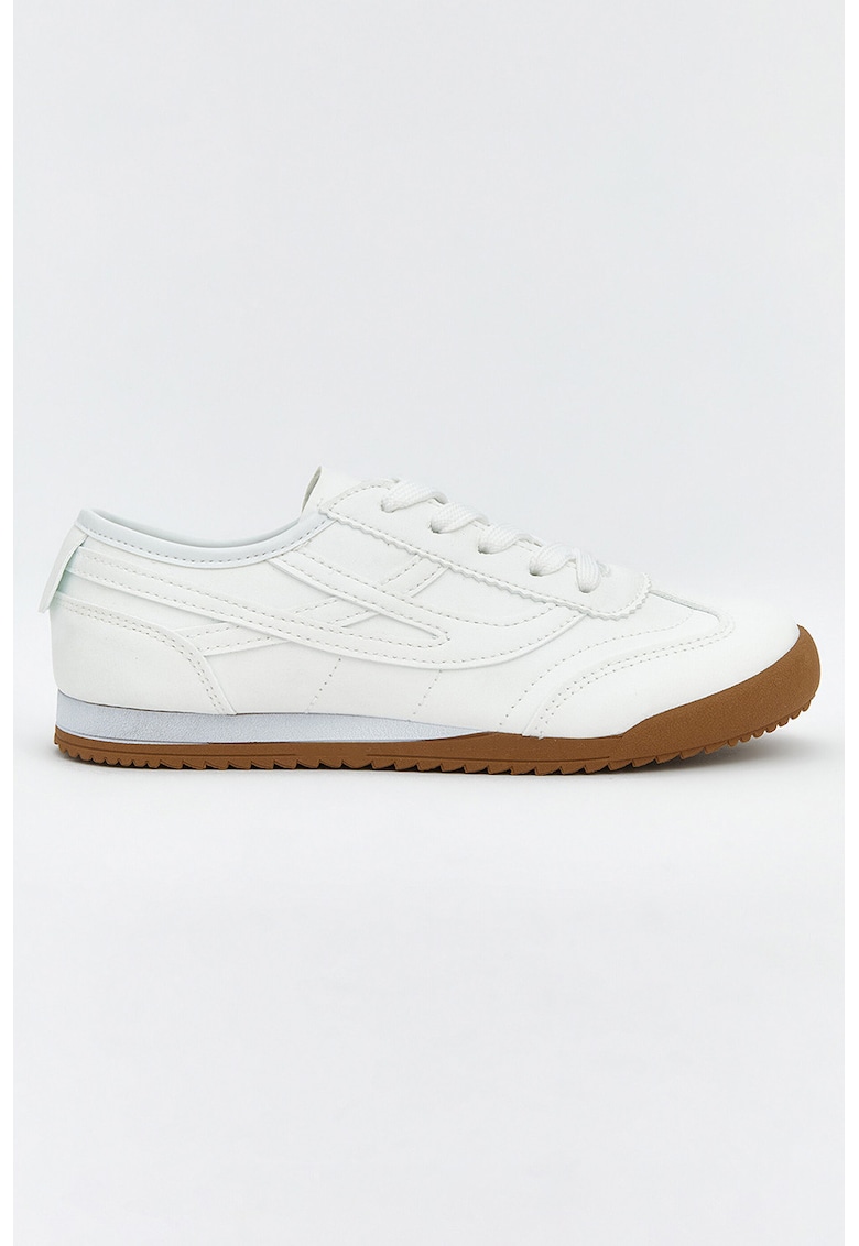 Pantofi sport din piele ecologica cu model uni si sireturi - Alb
